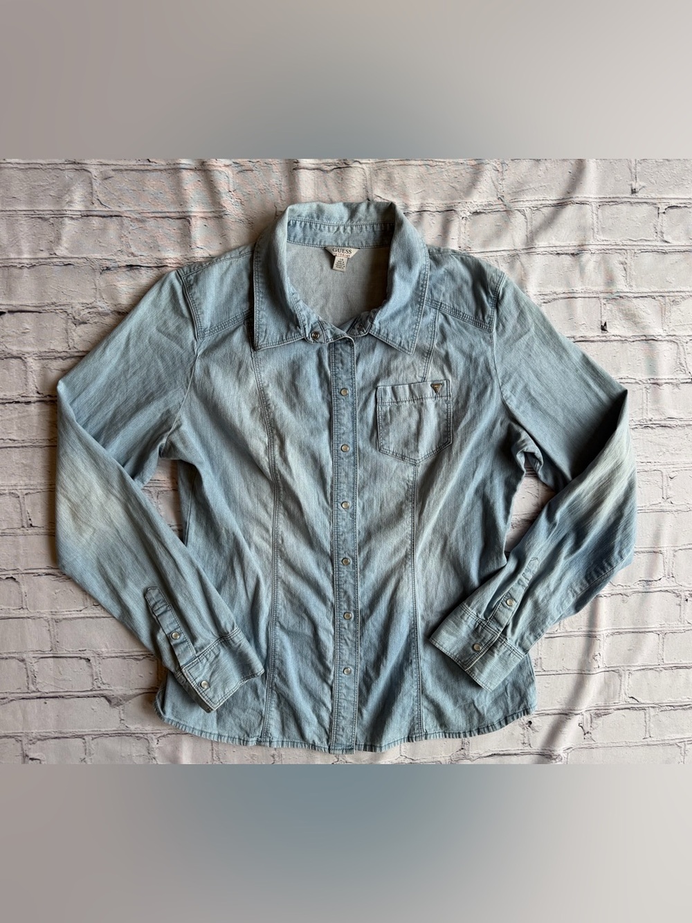 Guess Chambray Light Blue Denim Western Pearl Snap Long Sleeve Shirt Cowgirl